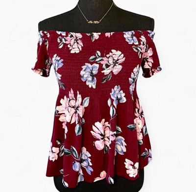 Kendall & Kylie Off-Shoulder Floral Peplum Blouse Burgundy Size S