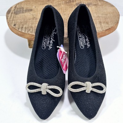 Skechers Womens Cleo Size 5.5 Black Sparkles Stretch Fit  Bow Ballet Flat Shoes