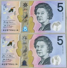 Australia 2 notes of 5 Dollars SAME SERIAL Number UNC Queen Elizabeth 2016 P 62