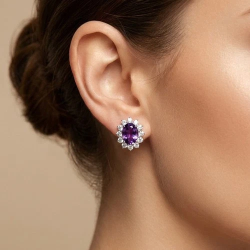 GLEAMING VIVID VIOLET AMETHYST 3.55CT 925 STERLING SILVER HANDMADE HALO EARRINGS