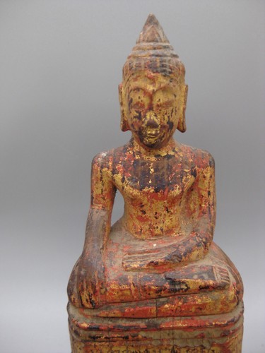 Fine Old Antique Thai Carved Wood Lacquered Gold Gilded Sitting Buddha Statue - Picture 2 of 9