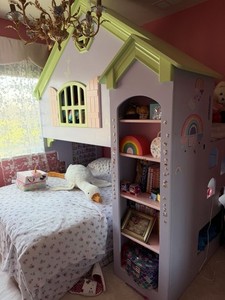 Lavender Green Pink Twin Wood Castle Bunk Bed w/ Bookshelf Rainbow Kids