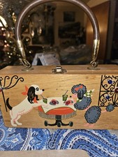 VTG 1960s Gary Gail Of Dallas Wooden Box Poodle Purse. Hand Painted/Bead Scene.