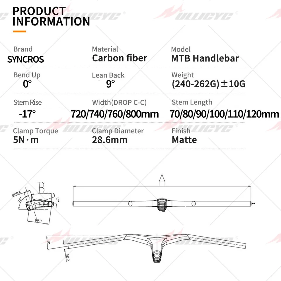 Mountain Bike Handlebars 28.6mm -17 Degree Carbon Integrated Cockpit Handlebar - Image 4 of 4