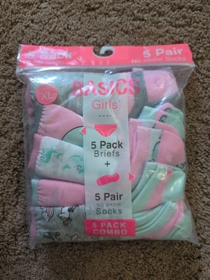 Basics Girls 5 Pack Briefs & 5 Pair No Show Socks, Size XL, NIP