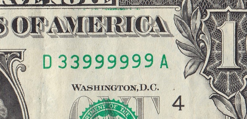 2021 $1 Federal Reserve Note Fancy Serial Binary Note D33999999A Six 9s