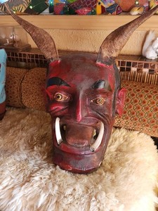 Vintage Carved Wooden Devil Mask With Boar's Teeth