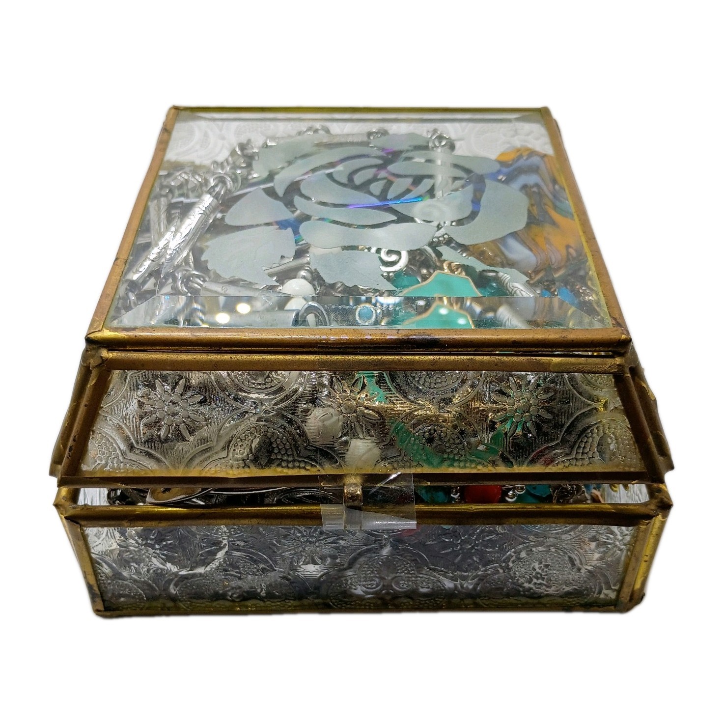 Vintage Glass Ros Embossed Trinket Box Mystery Lot Of Jewelry
