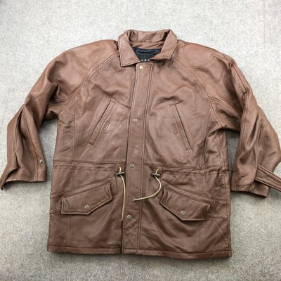 Vintage Context Leather Coat Mens Large Brown Overcoat Snap Front Quilted