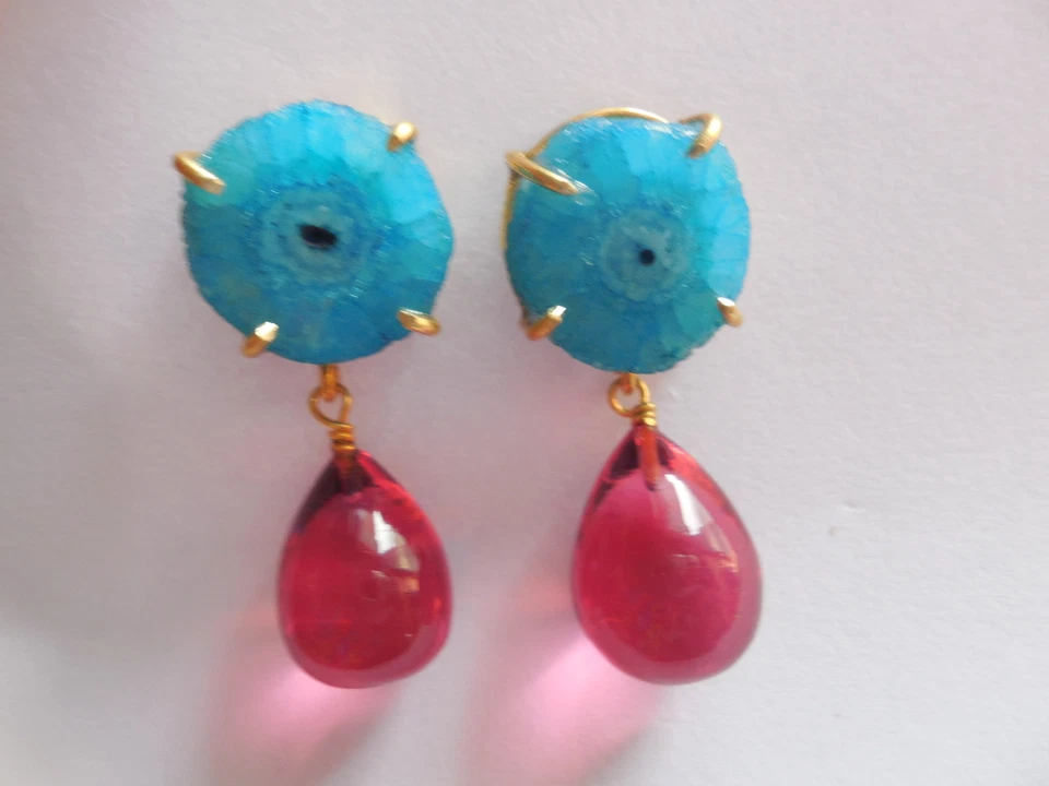 Brinco solar gota drusa pedra preciosa folheado a ouro designer de moda joia - Imagem 3 de 4