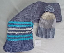 Handmade Youth Knit Hat and Scarf Set in Blue Gray Ivory Scarf 50" x 6" Inches