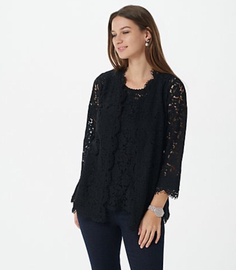 Isaac Mizrahi Live! Lace Open Front Cardigan Black Large A395173