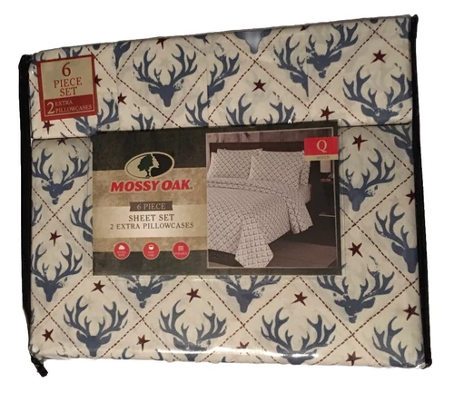 MOSSY OAK 6 PC AMERICANA QUEEN SHEET SET DEER 🦌 DESIGN 2 EX PILLOWCASES NEW