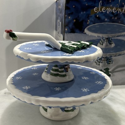 Elements Whimsical Snowman Two Tier Pedestal Plater Stand with Pie/Cake Server