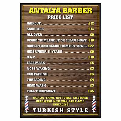 LIQUID_STATIONARY Barber Shop Salon Price List Sign Board Advertising Poster - A5 A4 A3 A2 A1