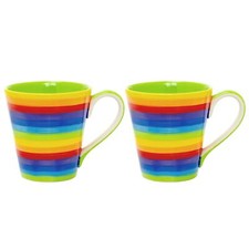 Set Of 2 Hand-Painted Large Rainbow Stripe Mug | Ceramic Coffee Mug Tea Cup