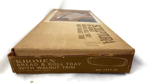VTG Sculptura by Kromex Bread and Roll Tray with Faux Walnut Handles New in Box - Picture 5 of 6