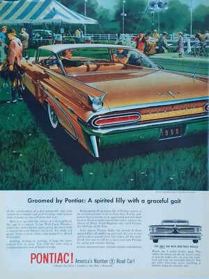 1959 vintage Pontiac print ad. A spirited filly with a graceful gait