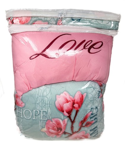 Blue Pink Floral LOVE Queen Size 5 Piece Reversible Quilt Set - FREE SHIPPING - Picture 6 of 8