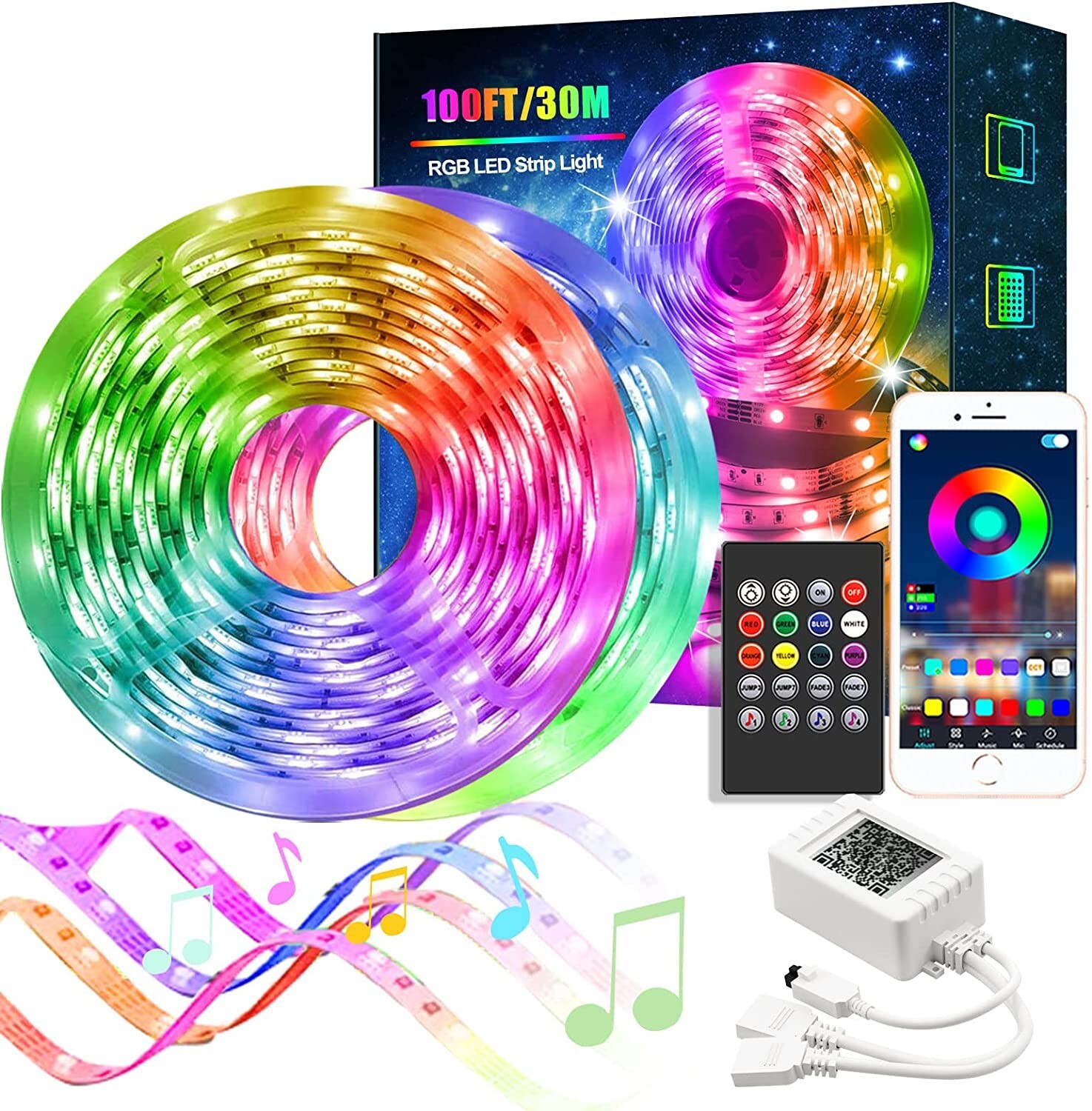 LED Strip Lights, 100ft Smart Light RGB with Bluetooth APP Control, Multicolor-image