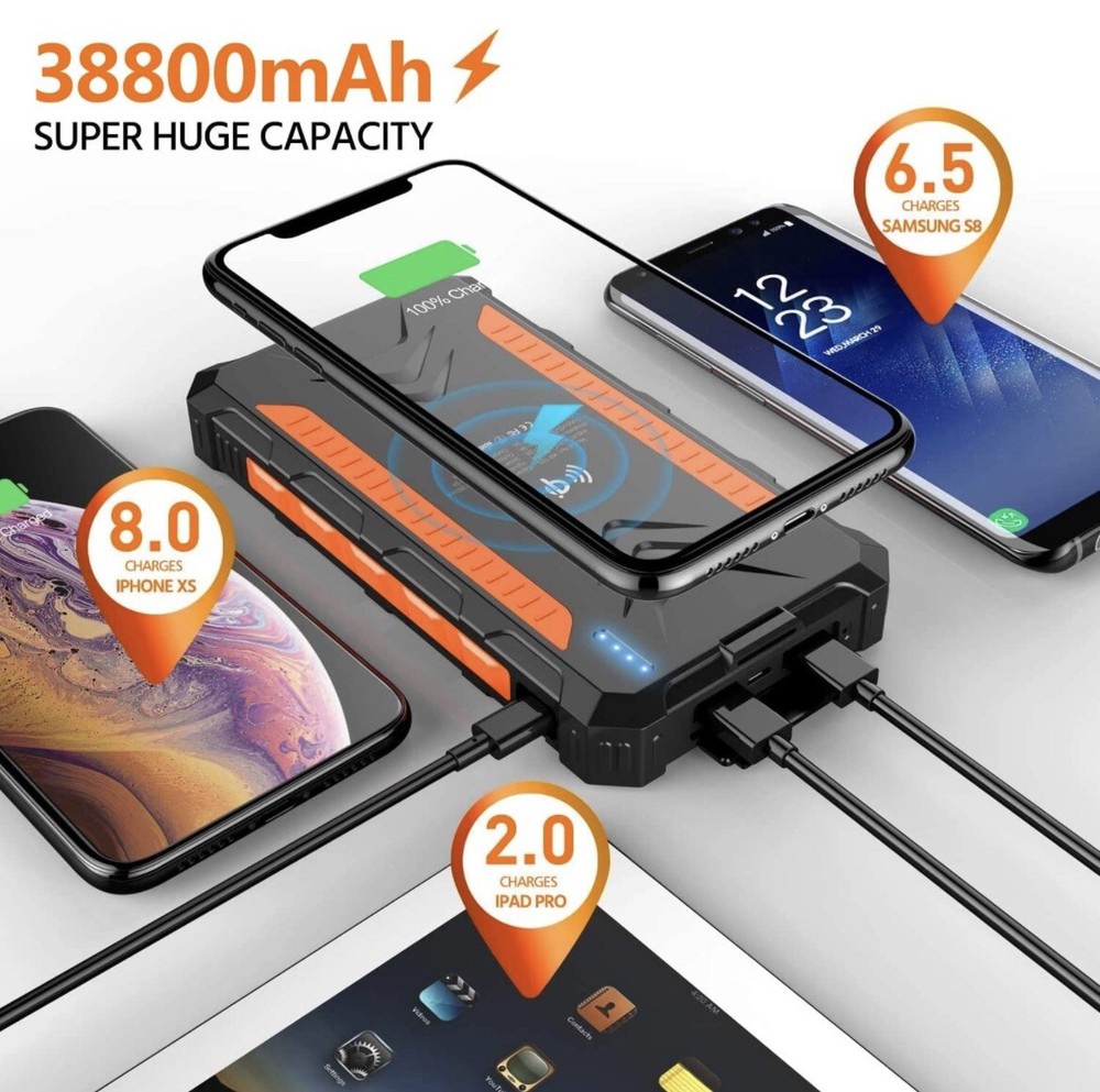 Solar Power Bank 38800mAh with Fast Qi Wireless Charging - Orange