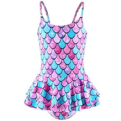 Kids Girls Swimmsuits Fish Scales Print Swimwear Tiered Skirt Bodysuit Mermaid - Picture 17 of 43