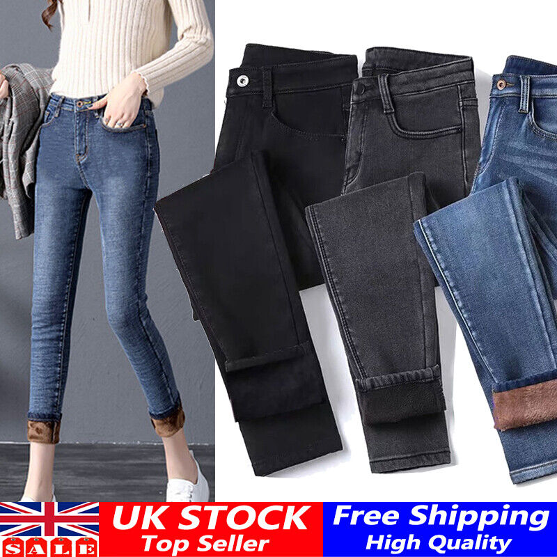 Womens Warm Plush Lined Stretch Denim Jeans Thermal Winter Leggings Jeggings  UK