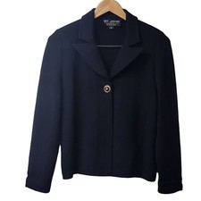 St John Marie Gray Santana Knit Black Sweater Jacket Crest Buttons Sz 6