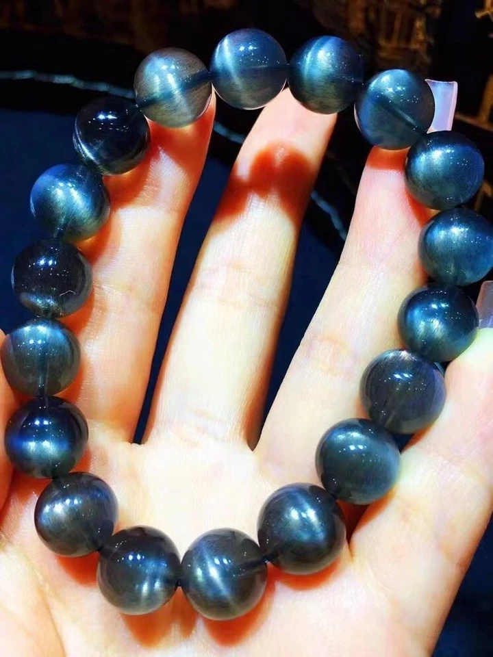 Brazalete de cuentas redondas de piedra solar de cristal negro natural genuino 11 mm AAAA Foto 3 de 4