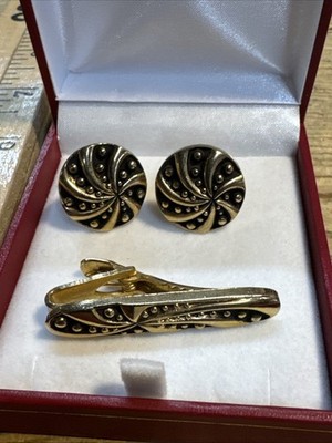 Vintage Speidel Cufflink & Tie Bar Set Gold Tone