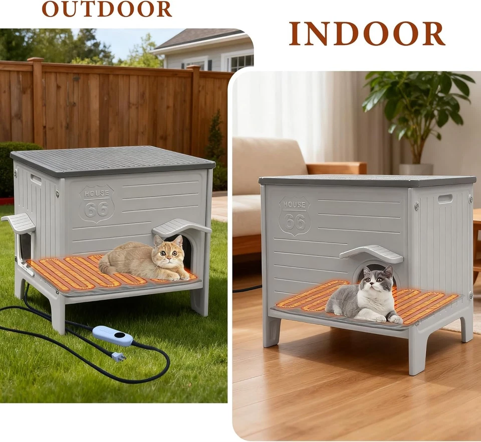 Casa para gatos con calefacción para exteriores impermeable casas para gatos de plástico al aire libre con esc... Foto 2 de 4