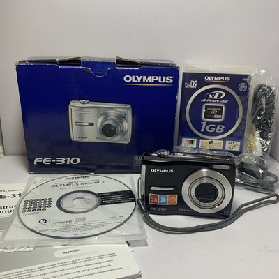 Olympus FE-310 Digital Camera With Box, Wrist Strap, Cords, Tested & Works