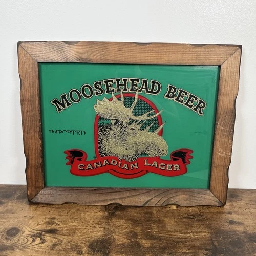 Vintage Moosehead Canadian Lager Beer Sign Wood Framed Glass 19.5" X 15.5"
