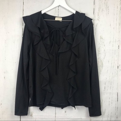 Emory Park Black Ruffle Tie Neck Blouse Women Sz L