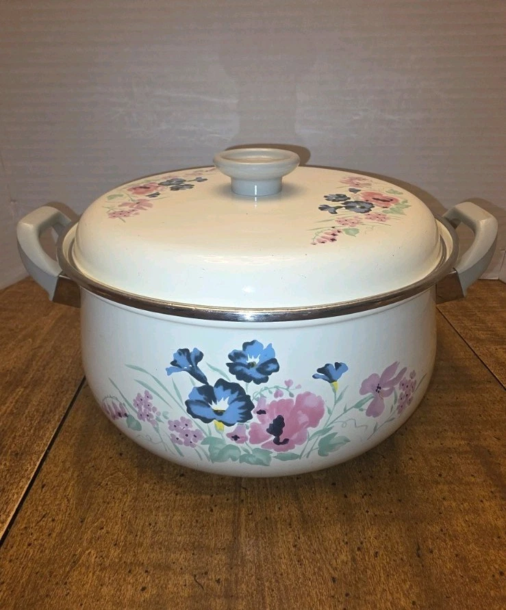 Vintage Enamel Multi Color Floral Pattern Dutch Oven 5 Qt Non-Stick Pot RARE