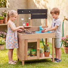 Outdoor Mud Kitchen for Kids, Wooden Play Pretend Kitchen w/Stoves, Sink, Faucet