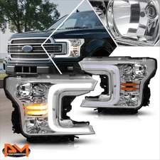For 18-21 Ford F150 C-Shape LED DRL+Sequential Signal Headlights Chrome/Clear