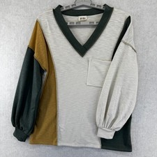 BIBI Womens Medium Colorblock V-Neck Long Sleeve Pocket Top Olive Green Mustard