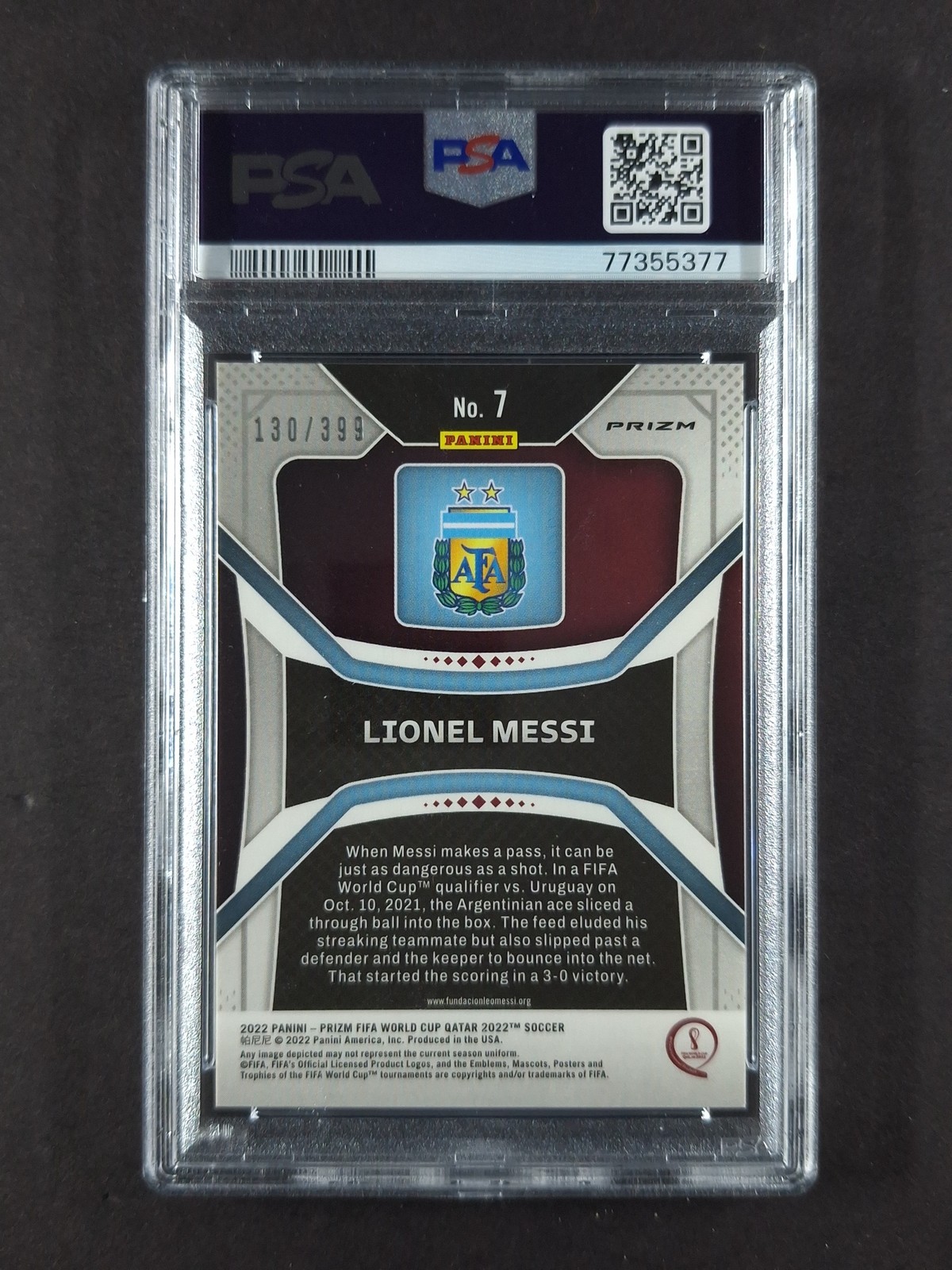 2022 Panini Prizm LIONEL MESSI 130/399 Red Prizm World Cup Winning Yr #7 PSA 9 view 2