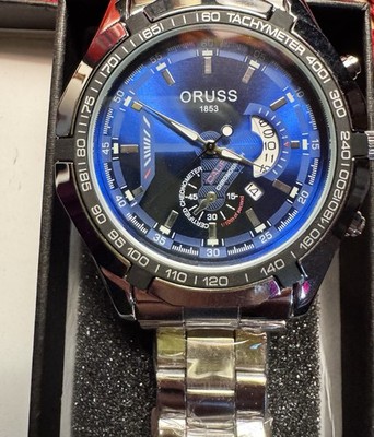 ORUSS 1853 Men's Quartz Chronograph Date Black Tachymeter Blue Dial Watch