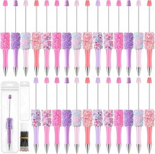 90 Pieces DIY Beadable Pens Kit 30 Pcs Plastic Petal Glitter Beaded Pens and Ref