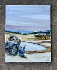 Off-season Parking Original Oil Painting Landscape Art Tractor Barn