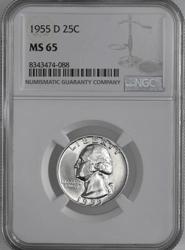 1955-D  25C WASHINGTON SILVER QUARTER "DENVER MINT" NGC MS65 #8343474-088