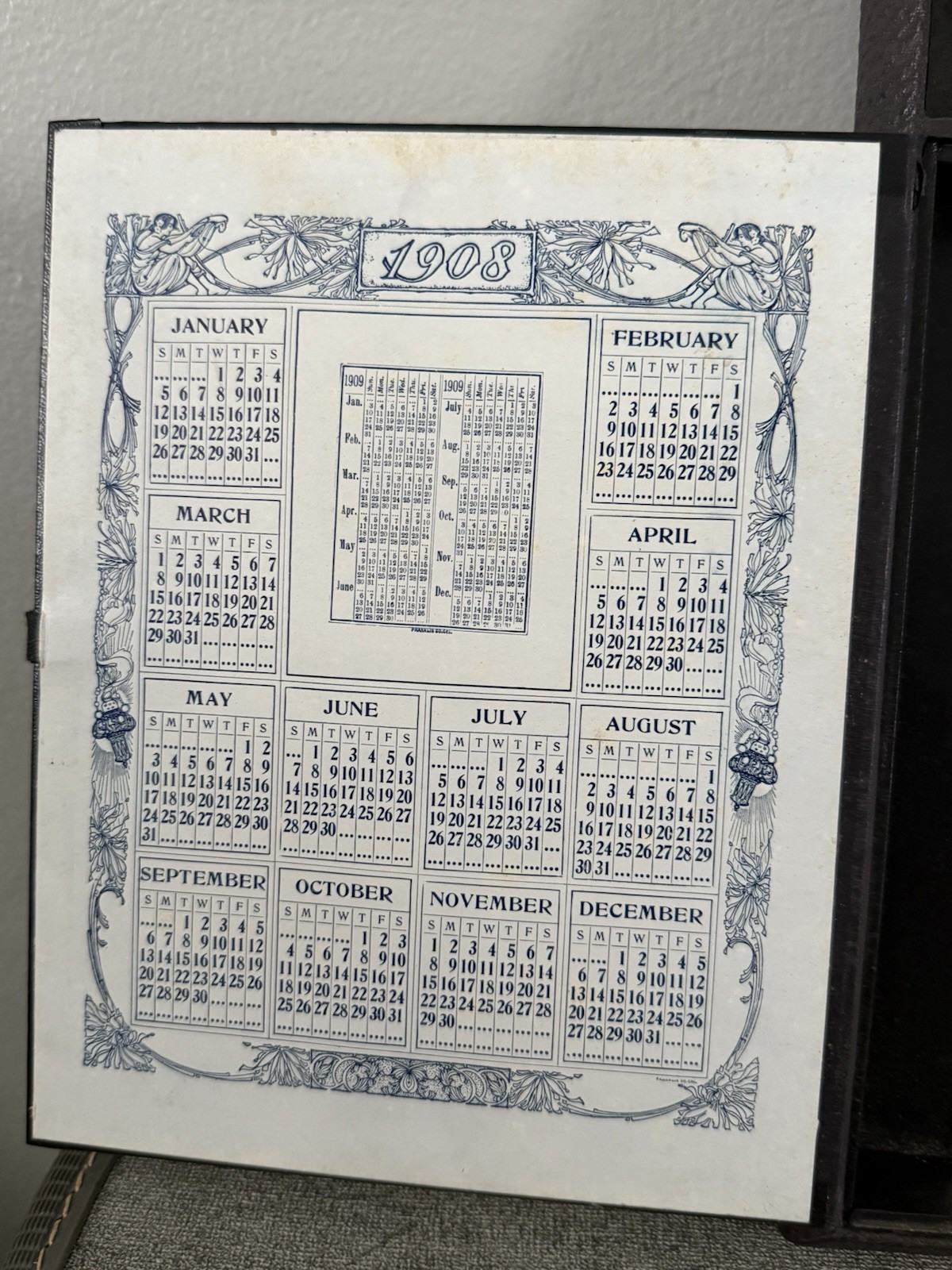 ANTIQUE TRAVELING WRITING DESK w/ 1908 Franklin Co. CHI Calendar & 1908 Document