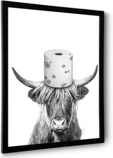 Black and White Highland Cow Wall Art, Framed Funny Bathroom Wall Decor, Cute Hi