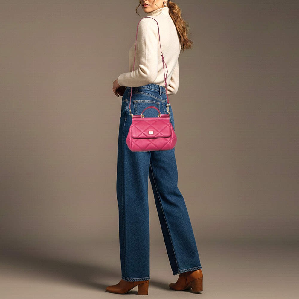Dolce Gabbana Miss Sicily Small Fuchsia Quilted Leather Top Handle