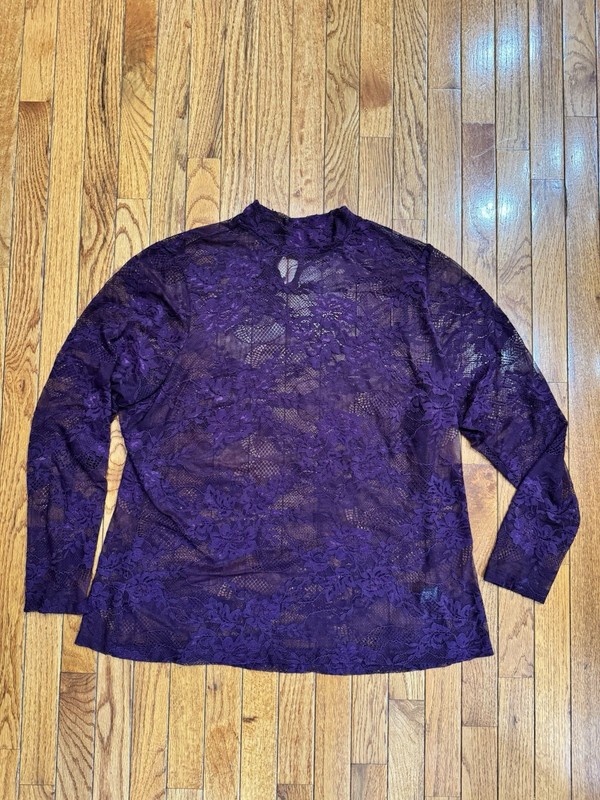 Lane Bryant Purple Floral Lace Mock Neck Long Sleeve Sheer Top OverlayPlus 18/20
