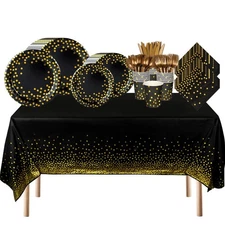 176 PCS Black Gold Party Dinnerware Set Black Golden Dot Disposable Dinnerwar...