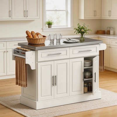 HOMCOM Rolling Kitchen Island with Cabinets and Drawers, Cream White
