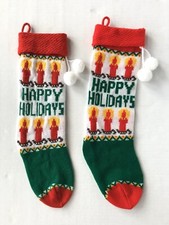 Vtg Knit Christmas Stockings Candles Happy Holidays Green Red White Poms 18" 80s